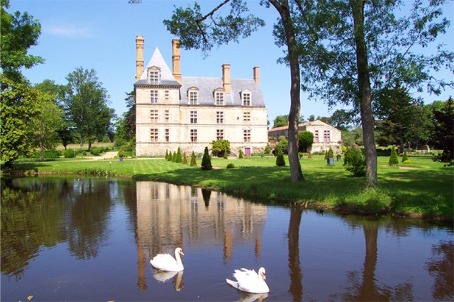 Château avec étang et cygnes au jardin.